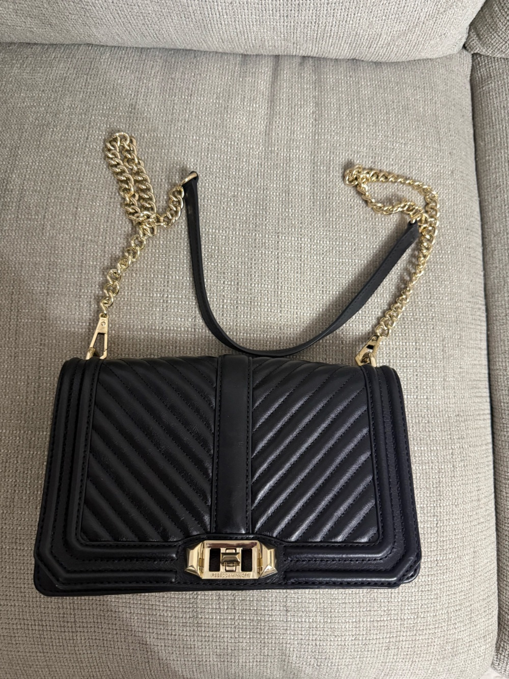 Rebecca Minkoff Black Quilted Love Crossbody with Gold Chain